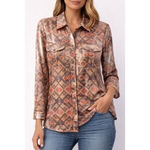 Ruby Rd Metallic Sheer Blouse Women’s 12 Button Front Southwestern Print